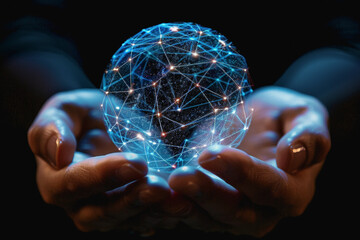 Interface network connects sphere on business hand. AI Generated