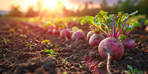 Sunlight casts a warm glow over a row of red beetroots with vibrant green tops in rich soil