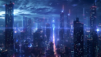 futuristic cityscape at night - obrazy, fototapety, plakaty