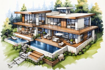 Awe-Inspiring 3D Rendering Showcasing an Exquisite Two-Story Residence with a Stunning Pool, Spacious Deck, and Vibrant Green Surroundings, Perfect for Contemporary Living