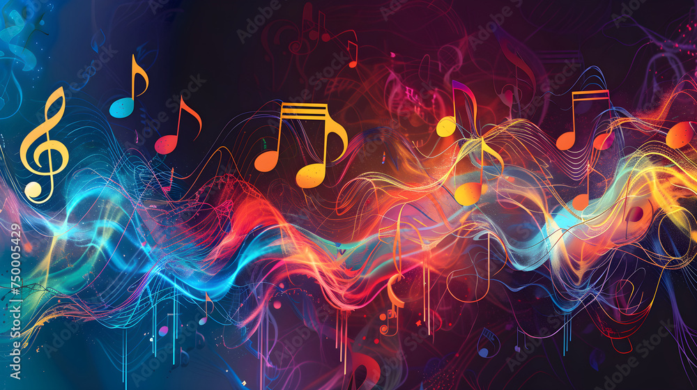 Poster Colorful abstract music background with dynamic waves and notes