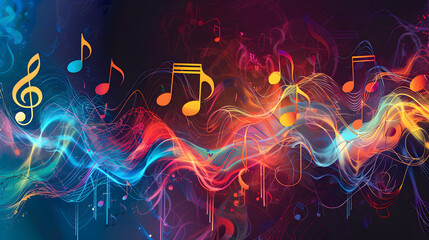 Colorful abstract music background with dynamic waves and notes - obrazy, fototapety, plakaty