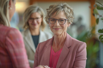 middle-aged businesswoman with specs shaking hands with other women in an office space background.