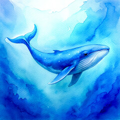Watercolor painting of a blue whale