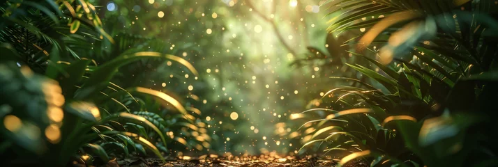 Tuinposter Enchanted Forest Scene with Magical Sparkling Particles and Sun Rays © smth.design