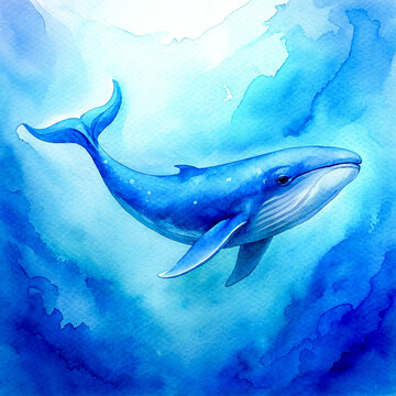 Watercolor painting of a blue whale