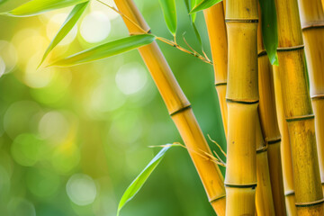 Warm sunlight filters through a serene bamboo grove, casting a gentle glow on the peaceful greenery