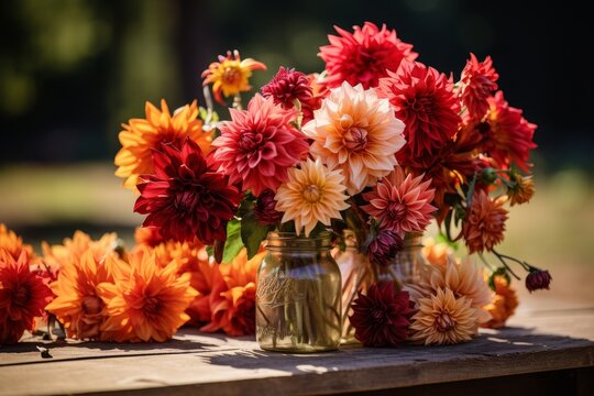 Vivid display of freshly picked dahlias in mason jars against soft background, creating mesmerizing sight of serenity and natural elegance, ideal for design projects.