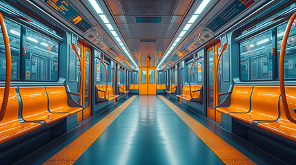 The empty interior of an german underground train, in the style of light navy and yellow, bold color choices, environmental awareness, light orange and yellow, sleek metallic finish. - obrazy, fototapety, plakaty