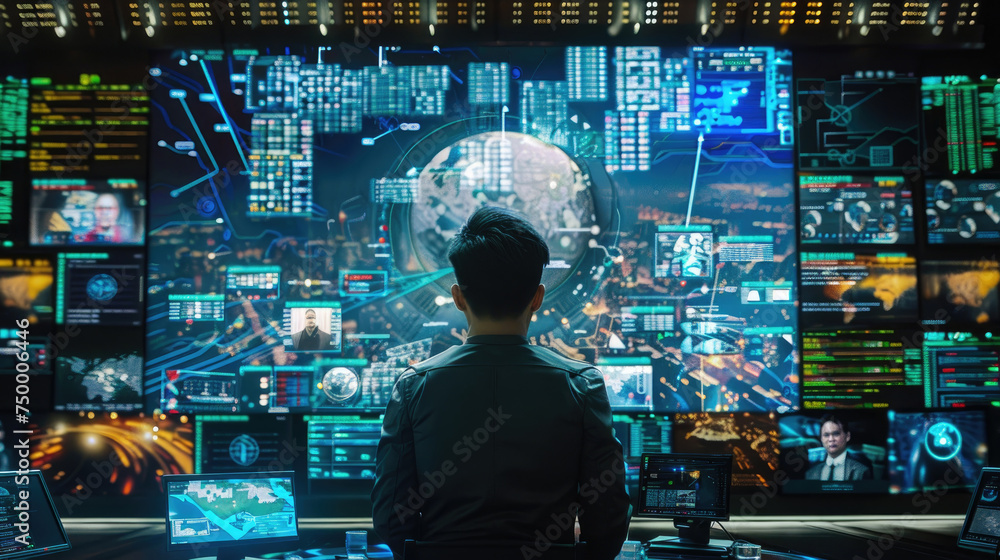 Poster spy man is seated at a desk, surrounded by multiple computer screens on the wall in front of him. he