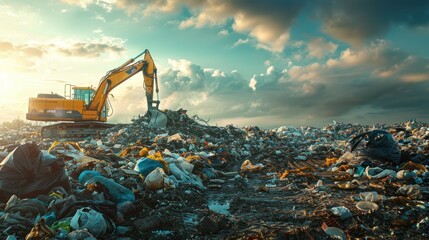 A backhoe is working on a large pile of garbage  - obrazy, fototapety, plakaty