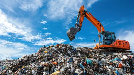 Foto op Plexiglas A backhoe is working on a large pile of garbage  © CStock