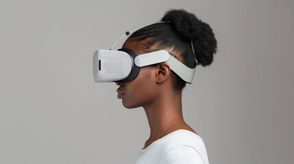 African american woman is immersed in virtual reality while wearing a headset, experiencing a digital environment through the device