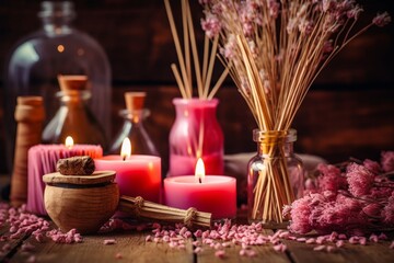 Obraz na płótnie Canvas Tranquil spa scene with dried flowers and aromatic candles on a rustic wooden table. Relaxation, meditation, self-care. Serene still life with copy space. Focus on beautiful details.