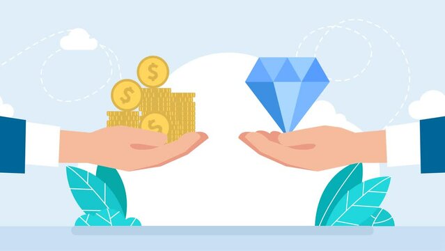 Jewelry business, a diamond with money. Buy, and sell talent. The price of creativity. Sell and buy at a pawnshop. The man holds a diamond in his hand to exchange it for money. 2d flat animation