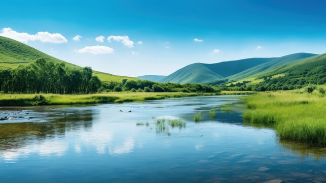 Clean river landscape with beautiful mountain background, beautiful nature background.