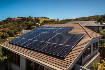 Fototapeta premium Solar panel on roof house. Home with solar panels on roof. Modern house exterior. Tanunhouses and residential buildings, houses with solar panels on roof. Solar photovoltaic construction for homes.
