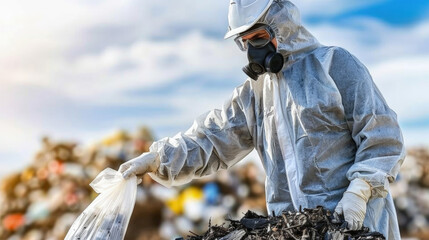 A man wearing a protective suit and gas mask is seen holding a bag of garbage. He appears to be taking precautions while handling waste