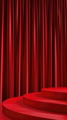 3D Render of Luxurious Red Podium with Elegant Draped Curtain, Evoking a Sense of Grandeur and Sophistication Concept