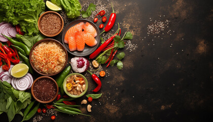 Asian cuisine with various ingredients on a rustic table.