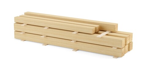 Stack of construction timber wood beams over white background, construction industry or material concept