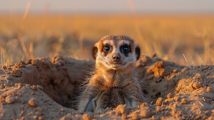 A meerkat peeks out of a soil hole in its natural prairie landscape - obrazy, fototapety, plakaty