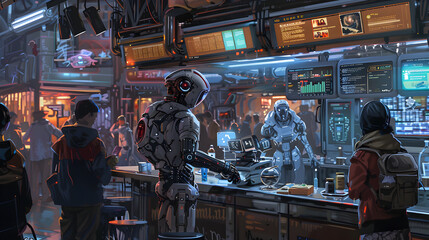  a futuristic concept art of an AI-driven society where humans and robots coexist harmoniously, showcasing advanced technology enhancing daily life."