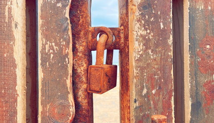 Secured Memories: An Old Rusty Padlock on a Weathered Door. The Story of Time Told Through Corrosion and Peeling Paint