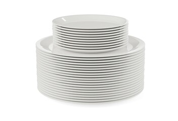 Stack of small sized empty white porcelain plates on stack of large white plates over white background