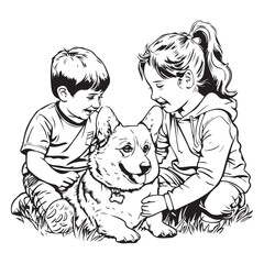 line art illustration girl and boy with a happy corgi dog 