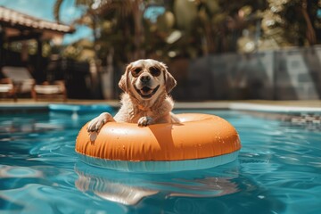 Dog in fency sunglasses floating in swimming pool in Inflatable ring on summer vacation. Cute pet on a walk. Lovely dog in pool