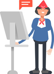 Air Hostess Character Working on Computer
