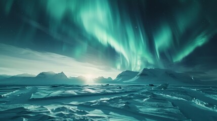 Aurora borealis over icy landscape mesmerizing natural light show