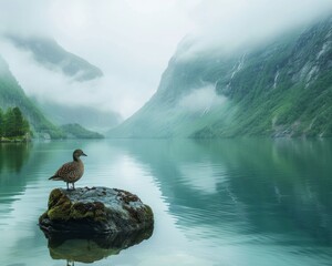 A quails journey through majestic fjords reflecting the serene beauty of untouched nature