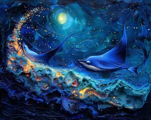 Abstract art forms in coral reefs painted by bioluminescent manta rays under the watchful eye of the cosmos - obrazy, fototapety, plakaty
