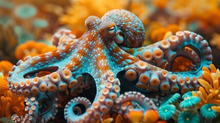 Electric blue octopus perched on coral reef in marine environment