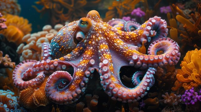 Octopus, a marine invertebrate organism, swimming on a coral reef underwater