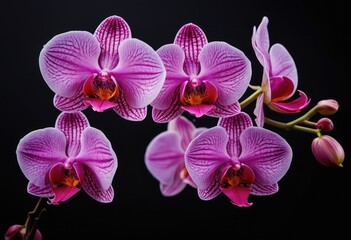 branch of pink orchids against a contrasting dark and light background, capturing the intricate patterns and colors in the flowers’ centers