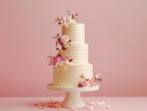 Three-tiered gorgeous and stylish white wedding cake, beautifully decorated in the corner of the image on solid pastel background behind, free space for text, greeting card