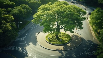 Aerial view of the road curving around A large tree lies in the middle of a big city road. 