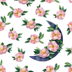 Watercolor seamless pattern with pink flowers potentilla, greenery and crescent moon - obrazy, fototapety, plakaty