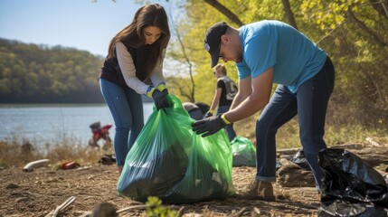 Couple picking up trash, cleaning,Male and female volunteers cleaning plastics 