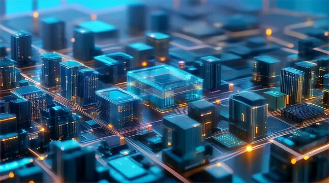 Digitally rendered futuristic cityscape with glowing circuit patterns and high-tech building blocks.
