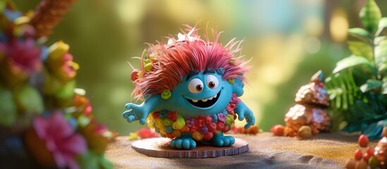 A cute toy troll, a toy that is popular with today's children, with a bouquet of flowers in a natural abstract green back garden. floral composition. spring - obrazy, fototapety, plakaty