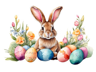 png watercolor hare, rabbit with easter eggs, on transparent background, sublimation for t-shirt and postcard, your design