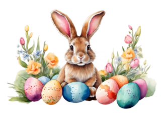 png watercolor hare, rabbit with easter eggs, on transparent background, sublimation for t-shirt and postcard, your design