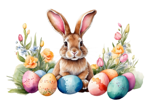 png watercolor hare, rabbit with easter eggs, on transparent background, sublimation for t-shirt and postcard, your design - Powered by Adobe