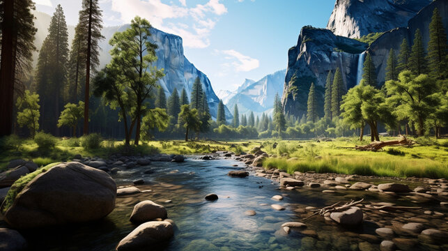 Photorealistic image panoramic view of Yosemite Valley, USA,