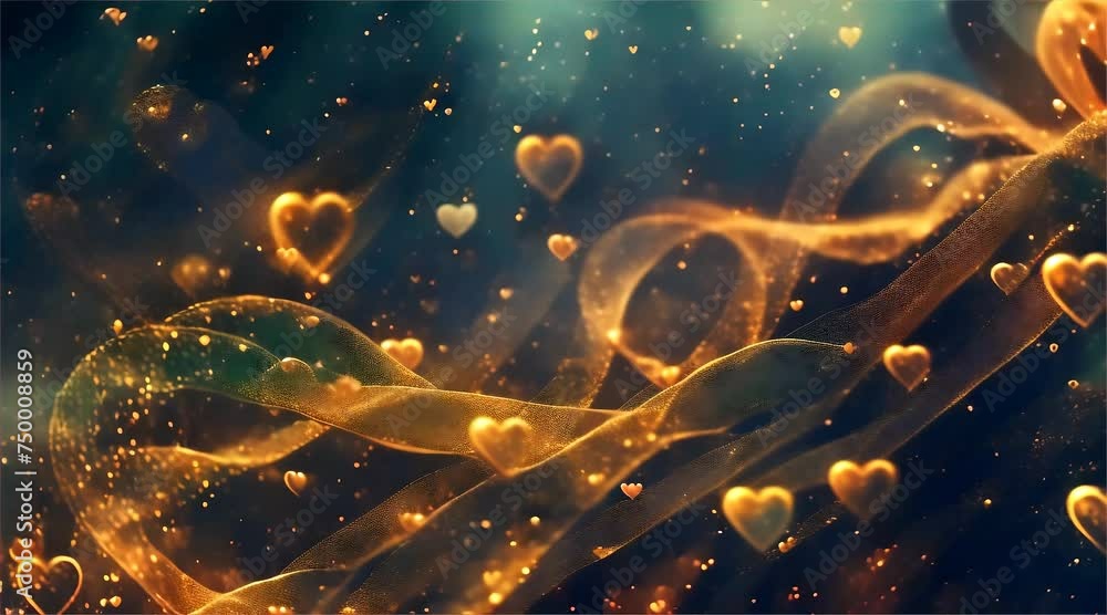 Poster a mesmerizing abstract representation of golden hearts floating with a sparkling dust trail in a dar