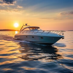Luxury motor boat sailing on sea at dawn.
